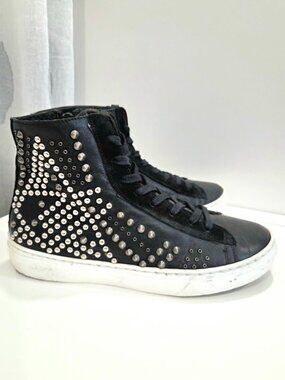 Piranha Black Leather Studded High Top Sneakers Plush Lined Size 37, Italy